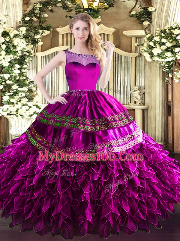 Sweet Sleeveless Organza and Taffeta Floor Length Zipper Quinceanera Gowns in Fuchsia with Beading and Ruffles