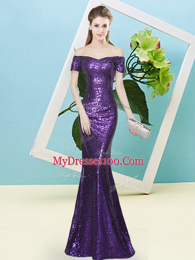 Purple Prom Dresses Prom and Party with Sequins Off The Shoulder Short Sleeves Zipper