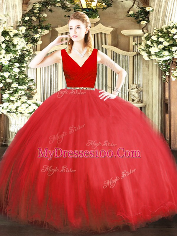 Beading Quinceanera Dress Red Zipper Sleeveless Floor Length
