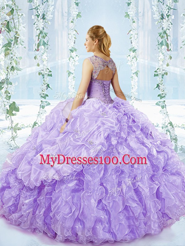 Perfect Apple Green Ball Gowns Sweetheart Sleeveless Organza Brush Train Lace Up Beading and Ruffles Quince Ball Gowns