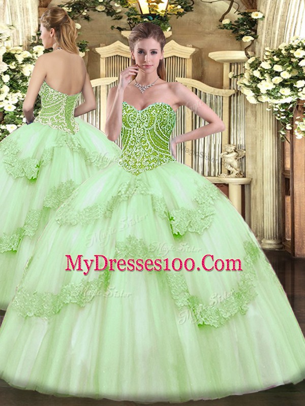 Floor Length Ball Gowns Sleeveless Apple Green Vestidos de Quinceanera Lace Up