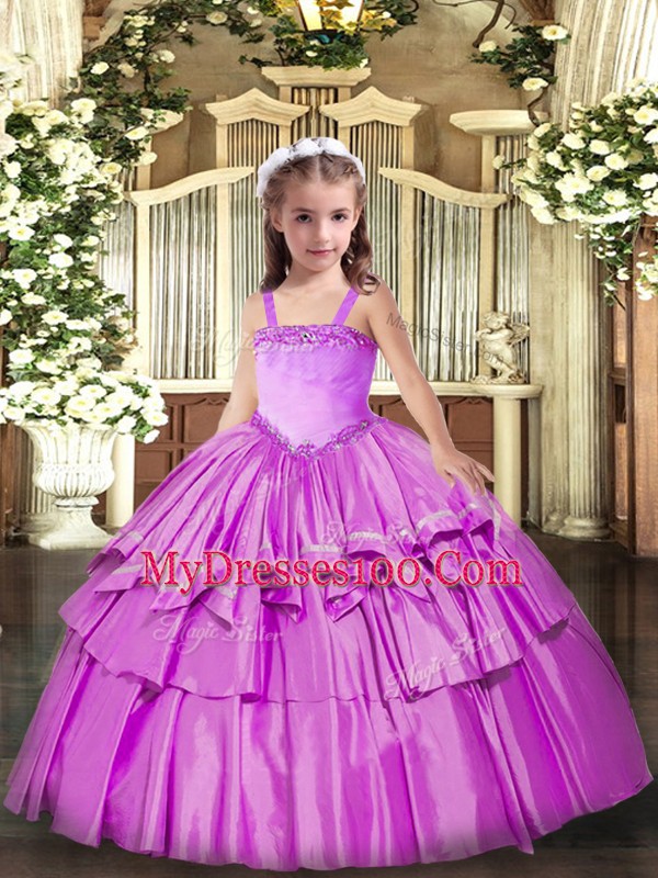 Floor Length Lilac Kids Formal Wear Organza Sleeveless Appliques and Ruffled Layers