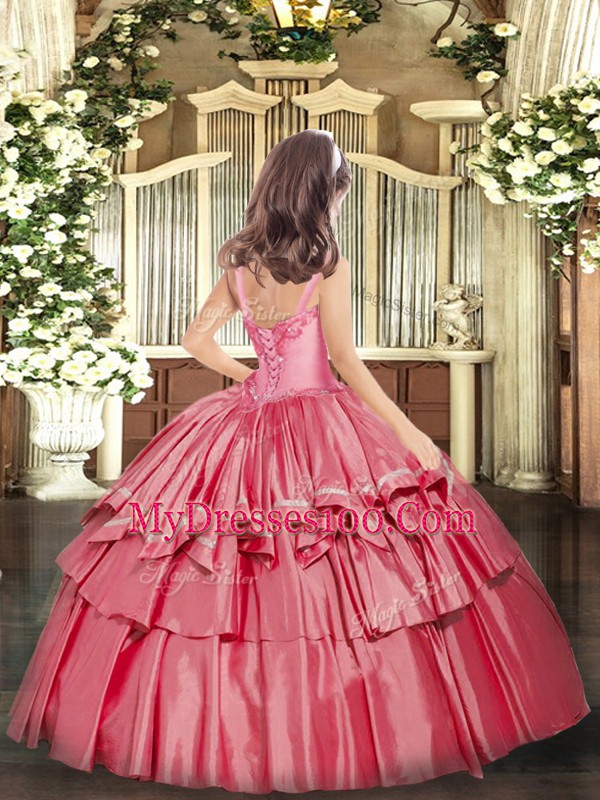 Floor Length Lilac Kids Formal Wear Organza Sleeveless Appliques and Ruffled Layers