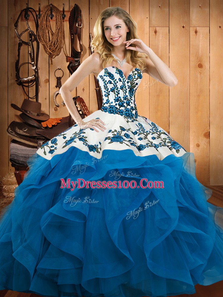 Spectacular Floor Length Baby Blue 15th Birthday Dress Satin and Organza Sleeveless Embroidery and Ruffles