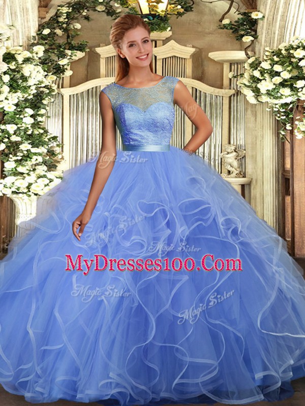 Blue Sleeveless Ruffles Floor Length Quinceanera Gowns