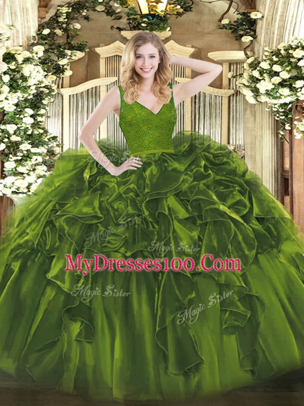 Olive Green Ball Gowns Beading and Lace and Ruffles Quinceanera Dresses Backless Organza Sleeveless Floor Length