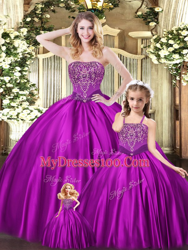 Beading Quinceanera Gown Eggplant Purple Lace Up Sleeveless Floor Length
