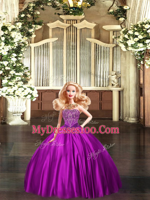 Beading Quinceanera Gown Eggplant Purple Lace Up Sleeveless Floor Length