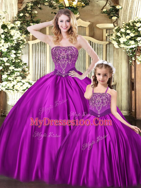 Beading Quinceanera Gown Eggplant Purple Lace Up Sleeveless Floor Length