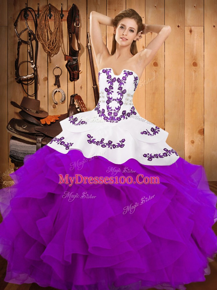 Affordable Purple Satin and Organza Lace Up Strapless Sleeveless Floor Length Quinceanera Gown Embroidery and Ruffles