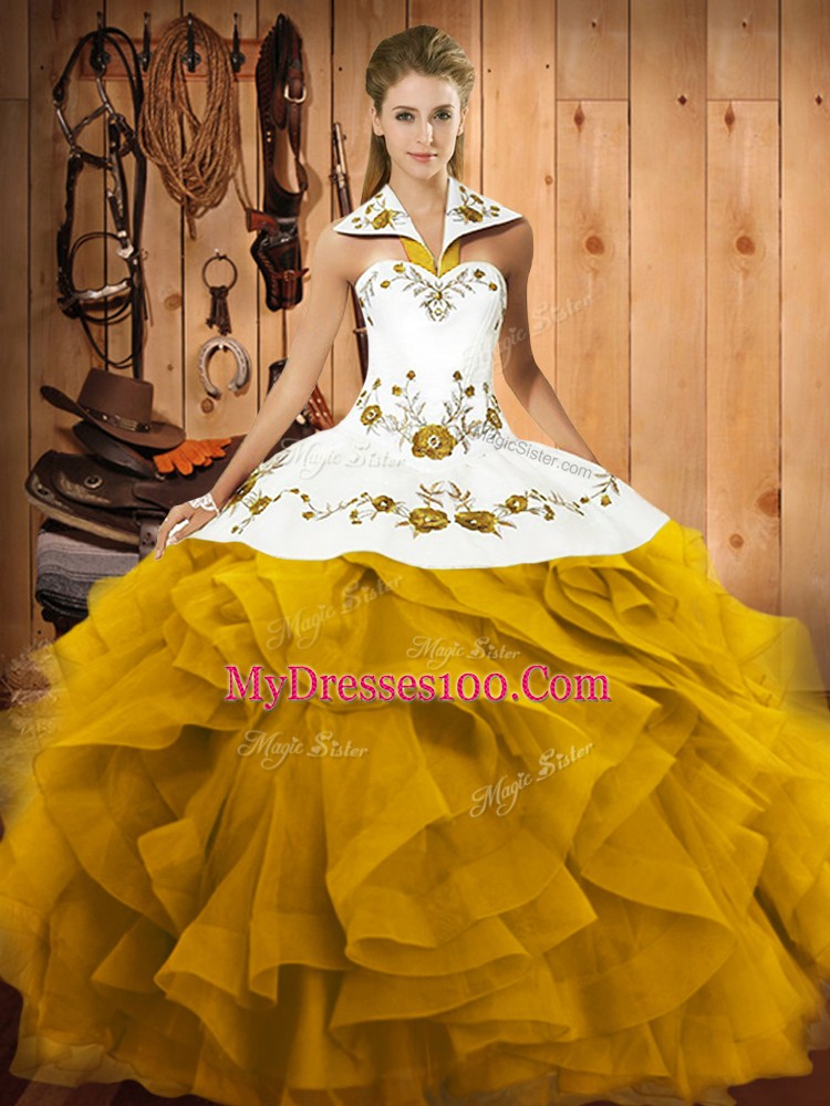 Inexpensive Gold Sleeveless Tulle Lace Up Quinceanera Gown for Military Ball and Sweet 16 and Quinceanera