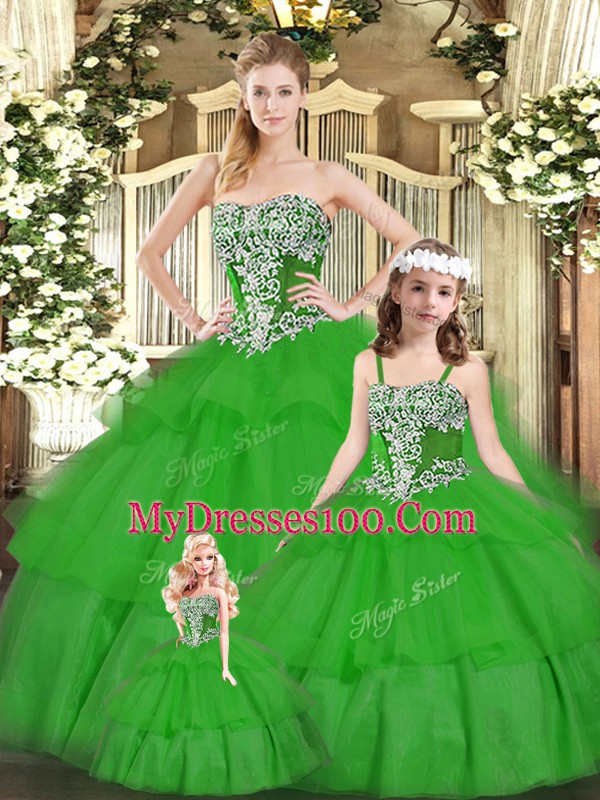 Glorious Green Ball Gowns Strapless Sleeveless Organza Floor Length Lace Up Beading and Ruffled Layers Sweet 16 Quinceanera Dress