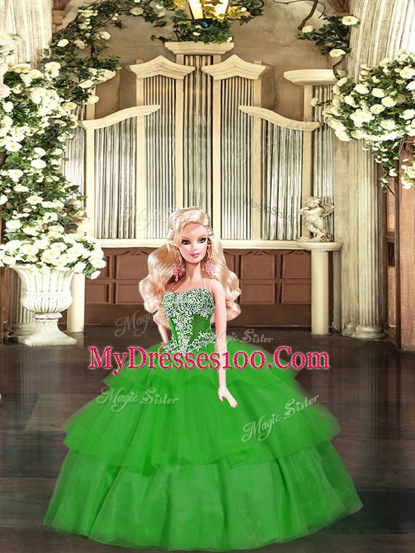Glorious Green Ball Gowns Strapless Sleeveless Organza Floor Length Lace Up Beading and Ruffled Layers Sweet 16 Quinceanera Dress