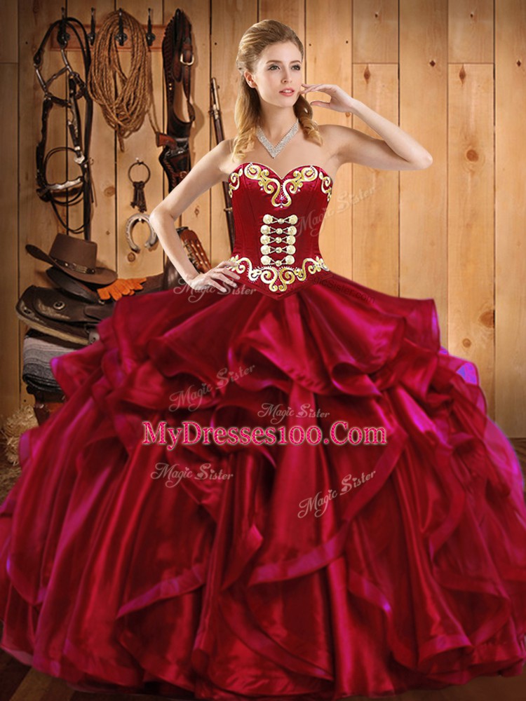 Wine Red Lace Up Vestidos de Quinceanera Embroidery and Ruffles Sleeveless Floor Length