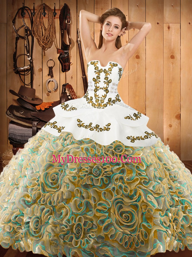 Customized With Train Multi-color Quince Ball Gowns Satin and Fabric With Rolling Flowers Sweep Train Sleeveless Embroidery