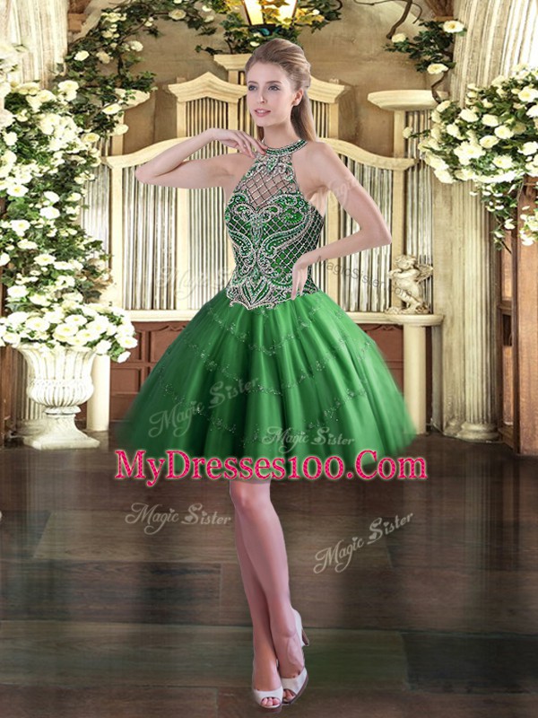Green Tulle Lace Up Club Wear Sleeveless Mini Length Beading