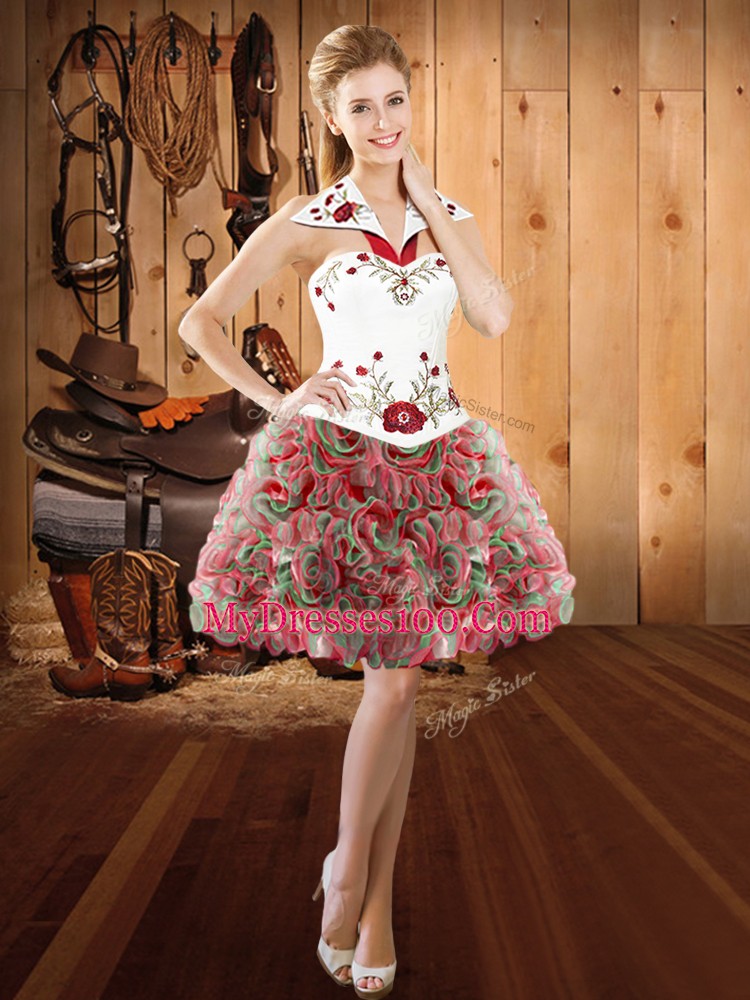Stunning Mini Length Multi-color Fabric With Rolling Flowers Sleeveless Embroidery