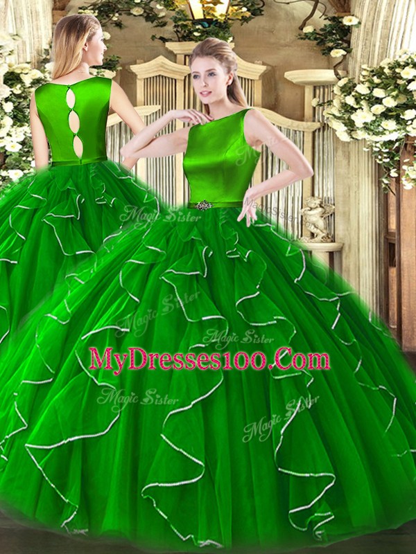 Stylish Scoop Sleeveless Quince Ball Gowns Floor Length Ruffles Green Organza