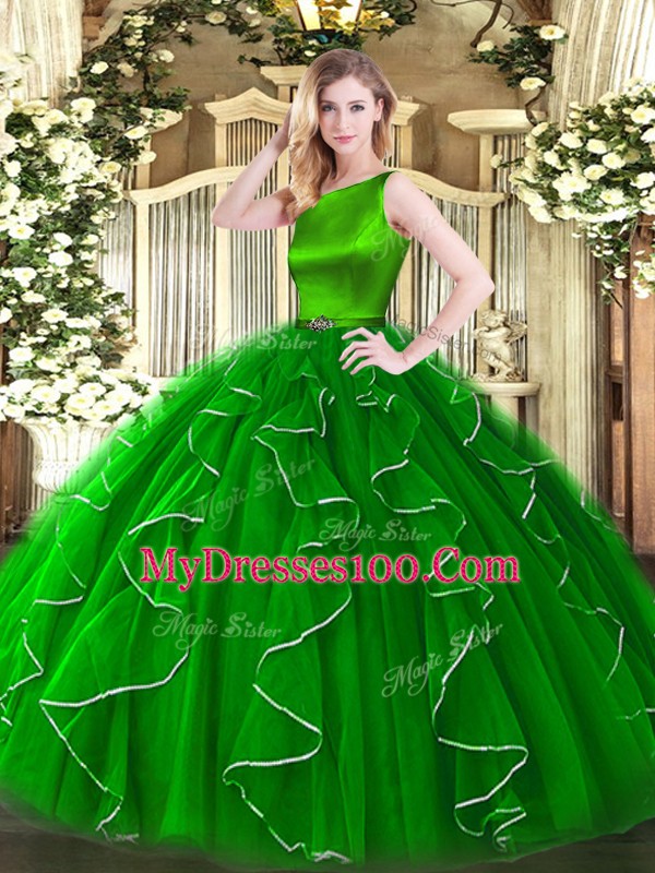 Stylish Scoop Sleeveless Quince Ball Gowns Floor Length Ruffles Green Organza