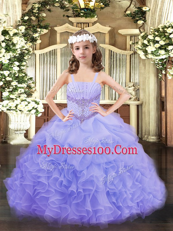 Lavender Straps Lace Up Beading and Ruffles and Pick Ups Little Girls Pageant Gowns Sleeveless