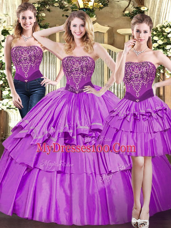 Simple Sleeveless Floor Length Beading and Ruffled Layers Lace Up Quinceanera Gowns with Eggplant Purple