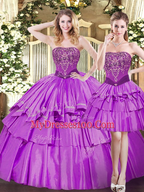 Simple Sleeveless Floor Length Beading and Ruffled Layers Lace Up Quinceanera Gowns with Eggplant Purple