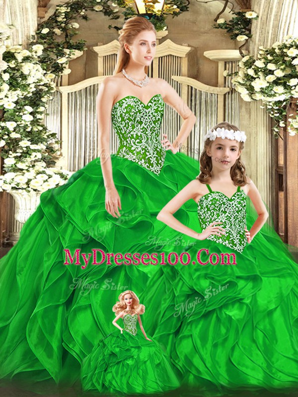 Organza Sweetheart Sleeveless Lace Up Beading and Ruffles Quince Ball Gowns in Green