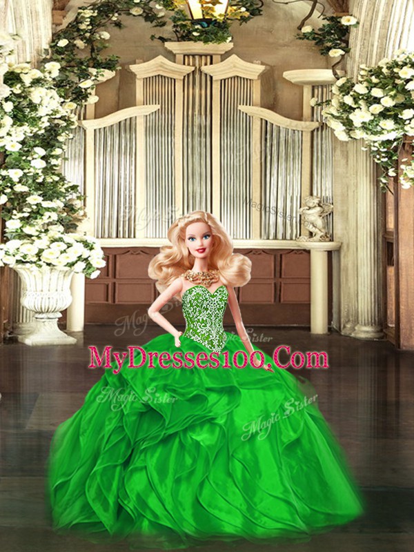 Organza Sweetheart Sleeveless Lace Up Beading and Ruffles Quince Ball Gowns in Green