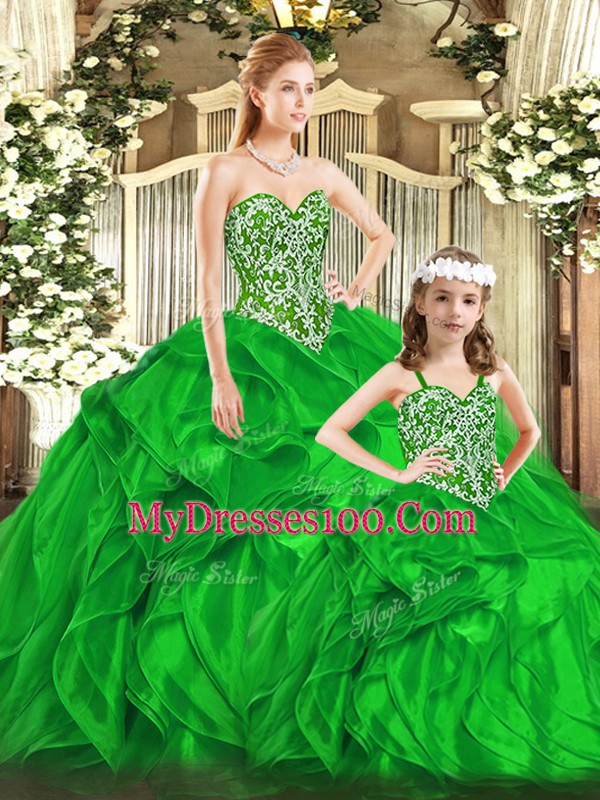 Organza Sweetheart Sleeveless Lace Up Beading and Ruffles Quince Ball Gowns in Green