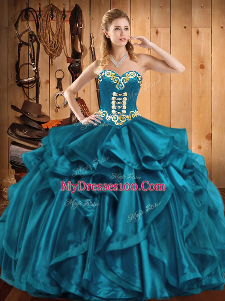 Teal Ball Gowns Organza Sweetheart Sleeveless Embroidery and Ruffles Floor Length Lace Up Sweet 16 Quinceanera Dress