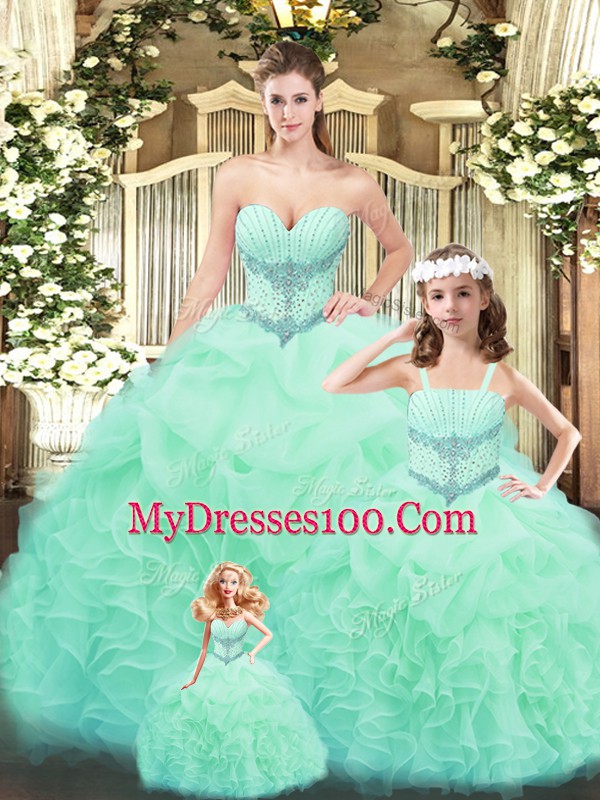 Tulle Sweetheart Sleeveless Lace Up Beading and Ruffles Sweet 16 Dresses in Apple Green