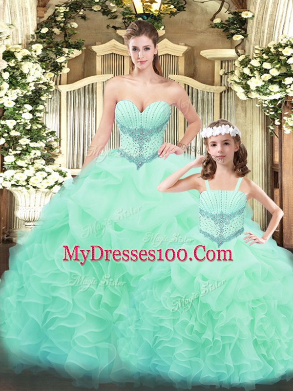 Tulle Sweetheart Sleeveless Lace Up Beading and Ruffles Sweet 16 Dresses in Apple Green