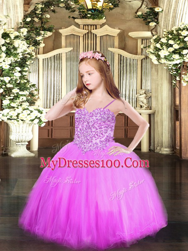 Tulle Spaghetti Straps Sleeveless Lace Up Appliques Pageant Dress Womens in Lilac