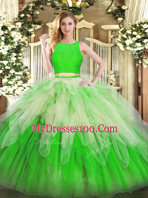 Pretty Multi-color Organza Zipper Scoop Sleeveless Floor Length Vestidos de Quinceanera Lace and Ruffles