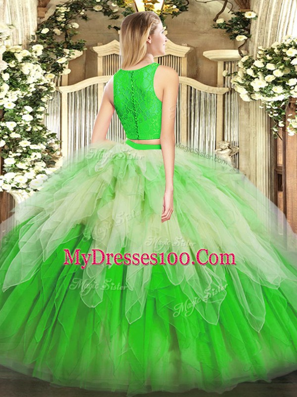 Pretty Multi-color Organza Zipper Scoop Sleeveless Floor Length Vestidos de Quinceanera Lace and Ruffles