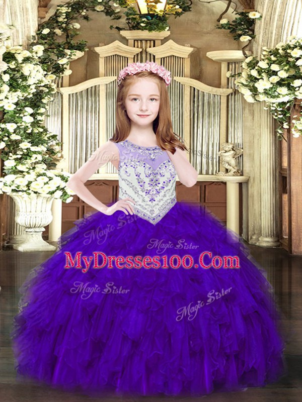 Purple Ball Gowns Scoop Sleeveless Organza Floor Length Zipper Beading and Ruffles Pageant Gowns