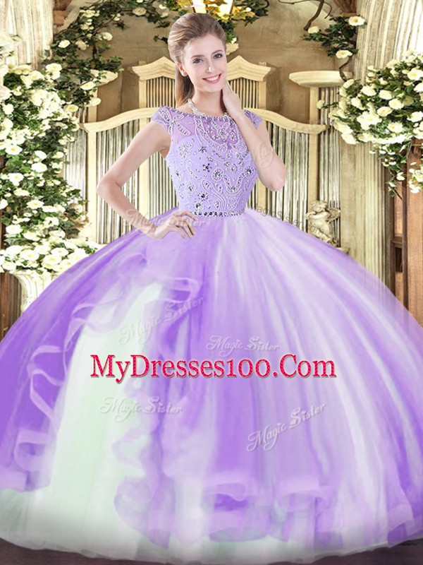 Glamorous Tulle Bateau Sleeveless Zipper Beading and Ruffles 15 Quinceanera Dress in Lavender