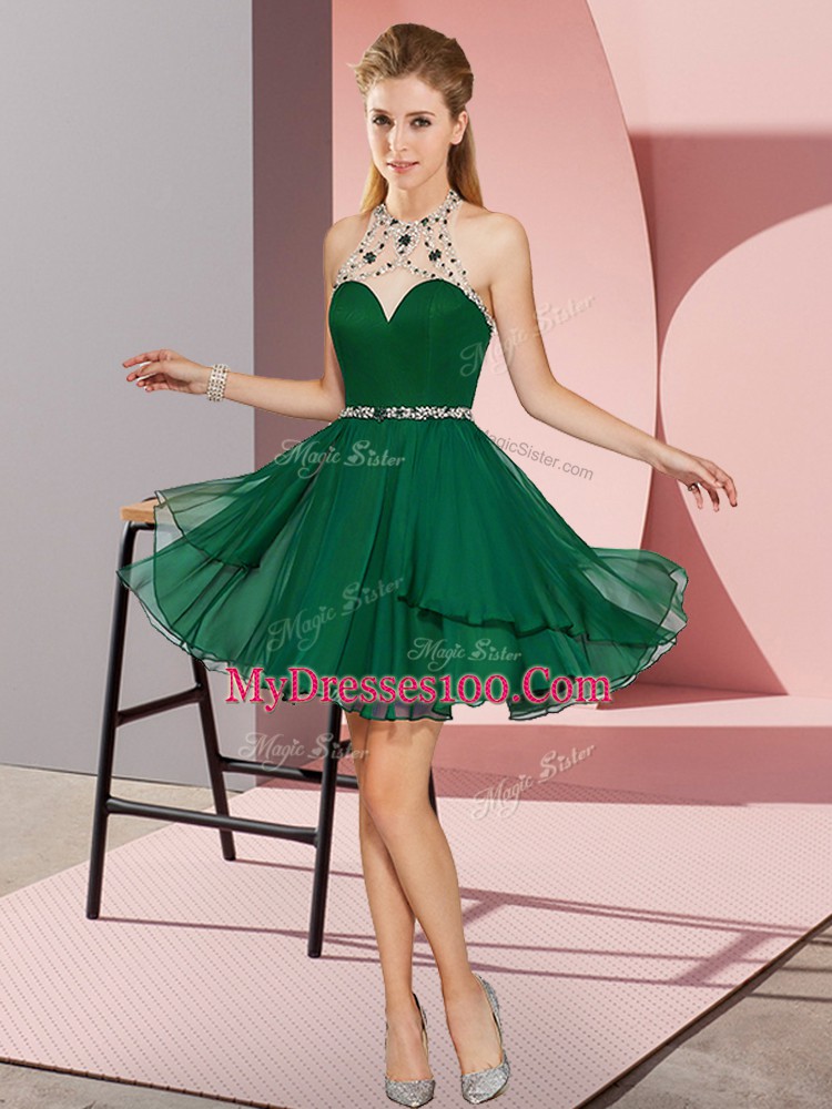 Fantastic Dark Green Empire Beading Evening Dress Zipper Chiffon Sleeveless Mini Length
