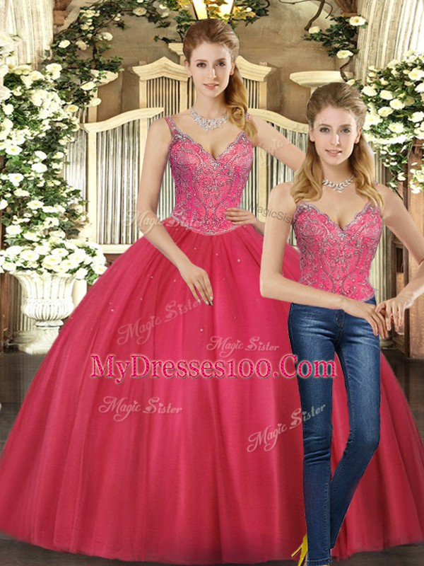 Simple Straps Sleeveless Tulle Quinceanera Gown Beading Lace Up