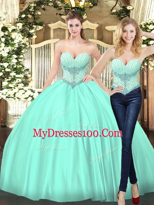 Sweetheart Sleeveless Tulle 15th Birthday Dress Beading Lace Up