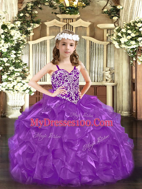 Beading Little Girl Pageant Dress Purple Lace Up Sleeveless Floor Length
