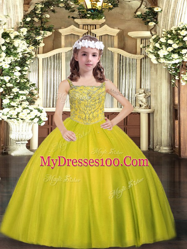 Inexpensive Tulle Sleeveless Floor Length Pageant Gowns For Girls and Beading
