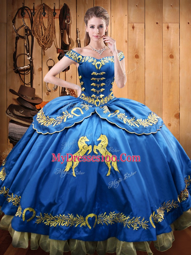 Exquisite Floor Length Blue 15th Birthday Dress Off The Shoulder Sleeveless Lace Up