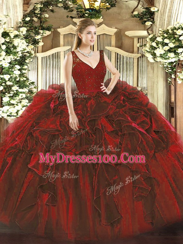 Wine Red Ball Gowns V-neck Sleeveless Organza Floor Length Zipper Beading and Ruffles Quinceanera Dress