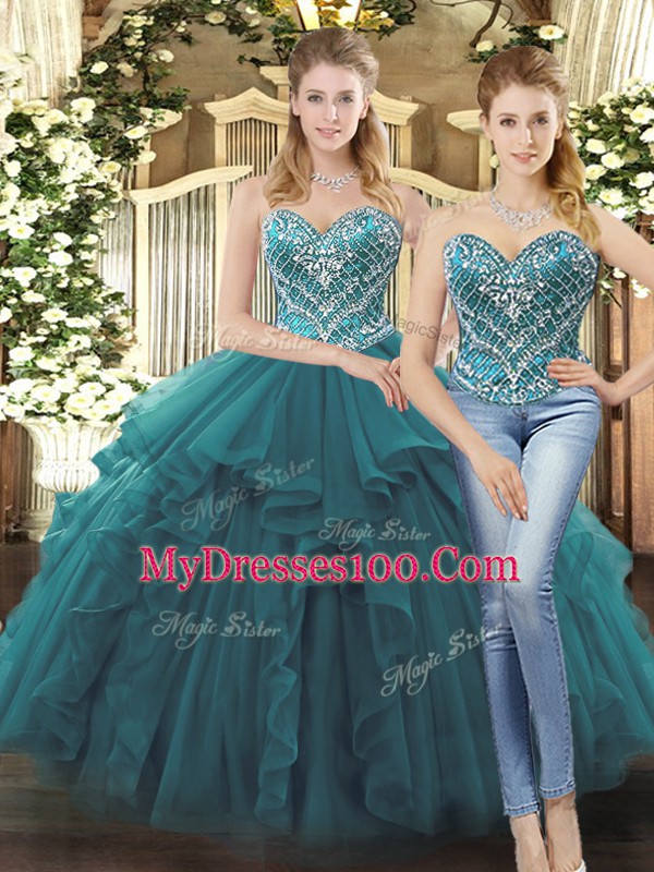 Colorful Teal Lace Up 15th Birthday Dress Beading and Ruffles Sleeveless Floor Length