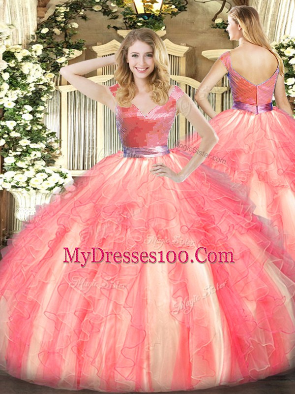 Custom Designed Watermelon Red Ball Gowns V-neck Sleeveless Tulle Floor Length Zipper Beading and Ruffles Sweet 16 Dress