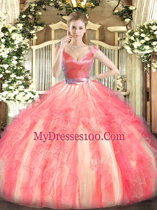 Custom Designed Watermelon Red Ball Gowns V-neck Sleeveless Tulle Floor Length Zipper Beading and Ruffles Sweet 16 Dress