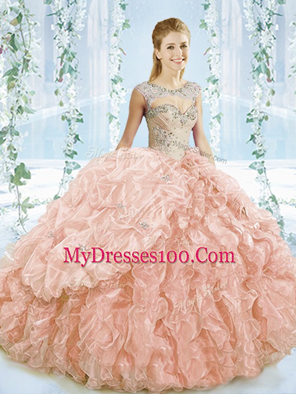Sleeveless Brush Train Lace Up Beading and Ruffles Quinceanera Dress