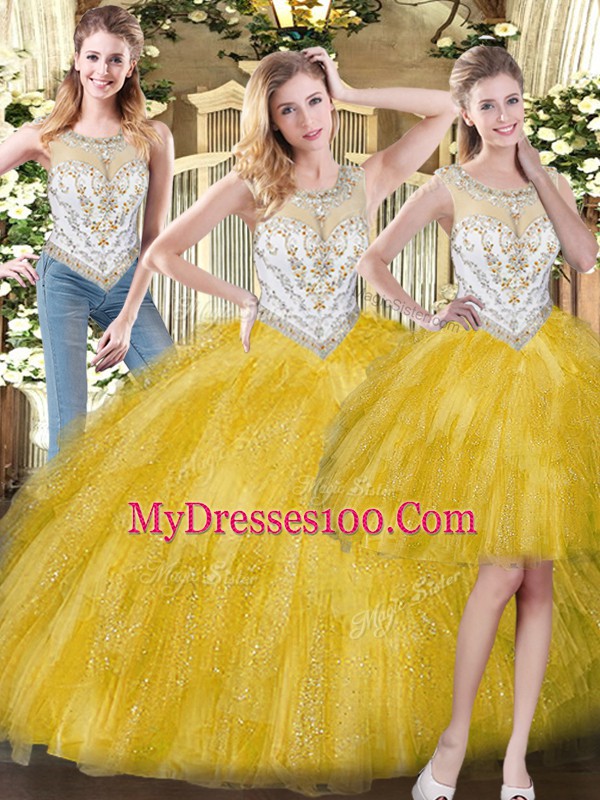 Best Selling Yellow Organza Zipper Scoop Sleeveless Floor Length 15 Quinceanera Dress Beading and Ruffles