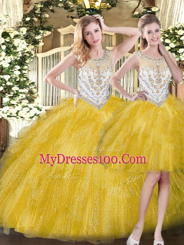 Best Selling Yellow Organza Zipper Scoop Sleeveless Floor Length 15 Quinceanera Dress Beading and Ruffles